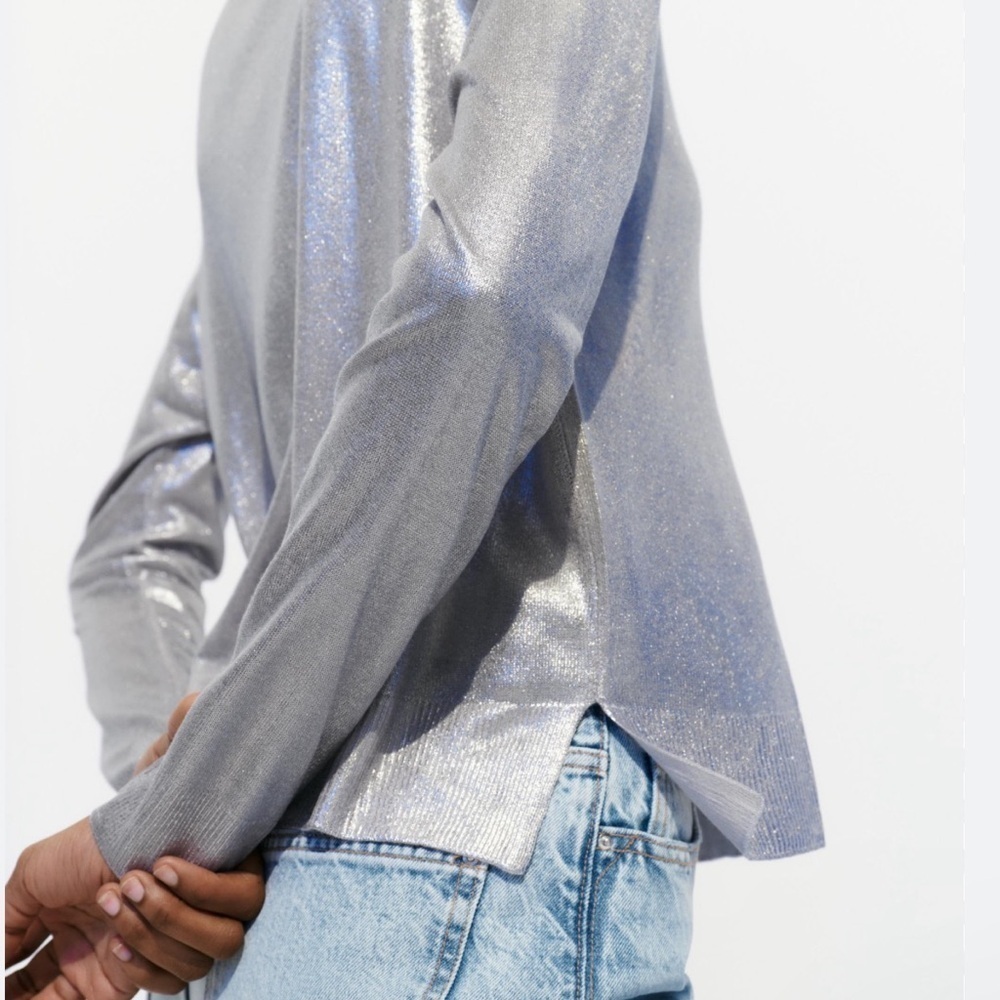 Zara Fine Thread Metallic Silver Long Sleeve Top Chic Party Holiday Christmas